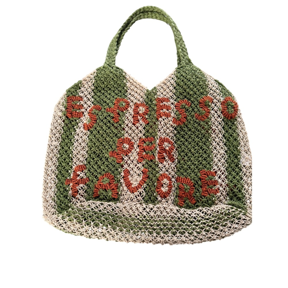 The Jacksons "Espresso Per Favore" Jute Crochet Tote Bag Green Cream NWOT